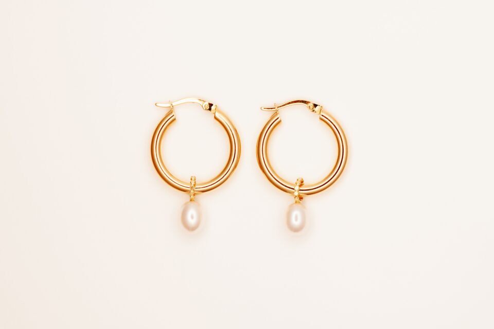 Gold Hoops with Classic Pearl Charm