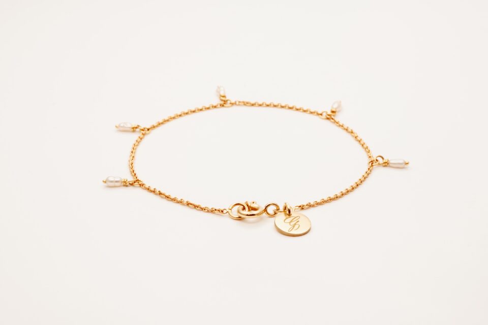 Pearl Charm Bracelet 14k with Calligraphy Initial Coin