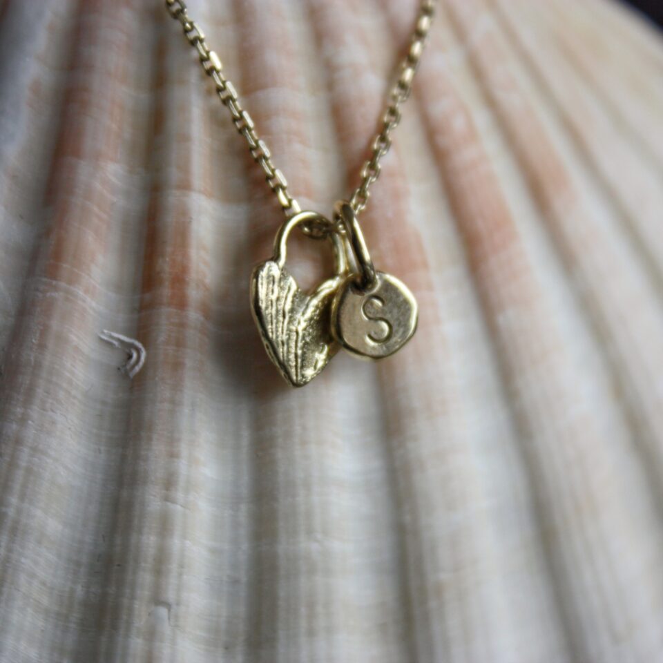 Personalized Pebble Charm and Heart Lock Sepia Charm 14k