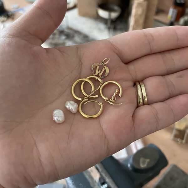 Custom Cosmos Pearl Earrings with family gold
