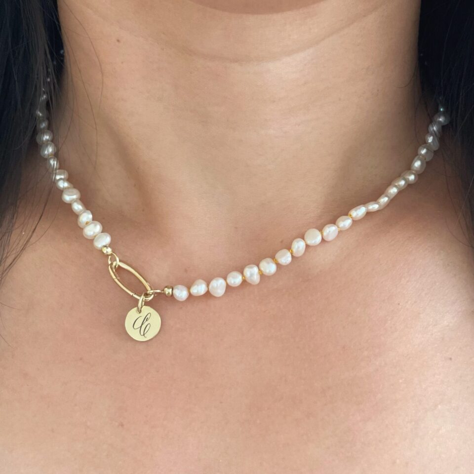 Handknotted pearl necklace with 14k gold clasp