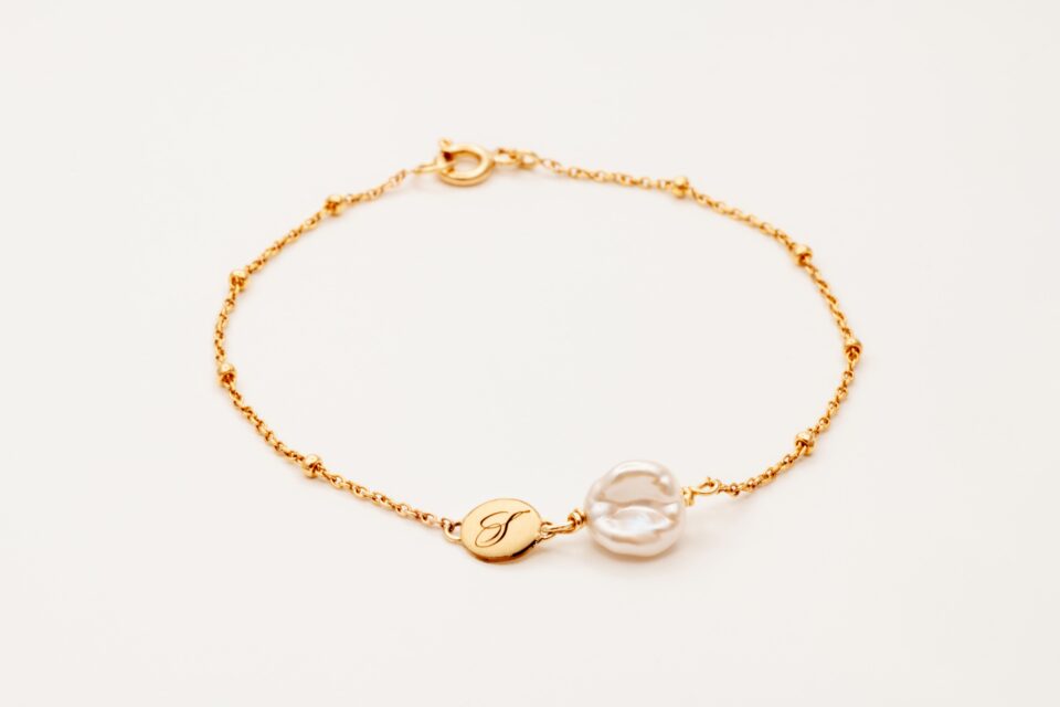 Calligraphy Initial Bracelet 14k with pearl