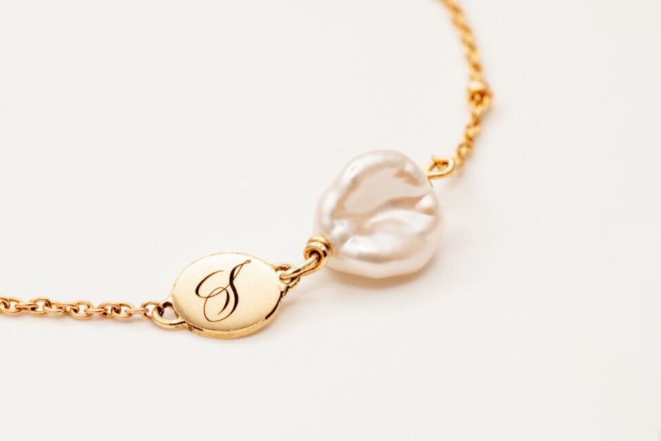 Calligraphy Initial Bracelet 14k with pearl